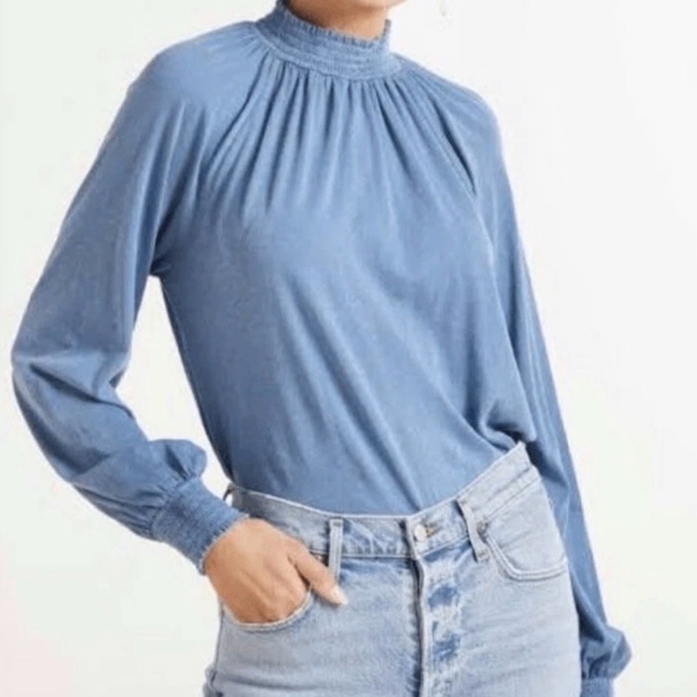 Sundry Evereve Mockneck Tee Soft Pima Cotton Smocked Neck & Cuffs Long Sleeves L